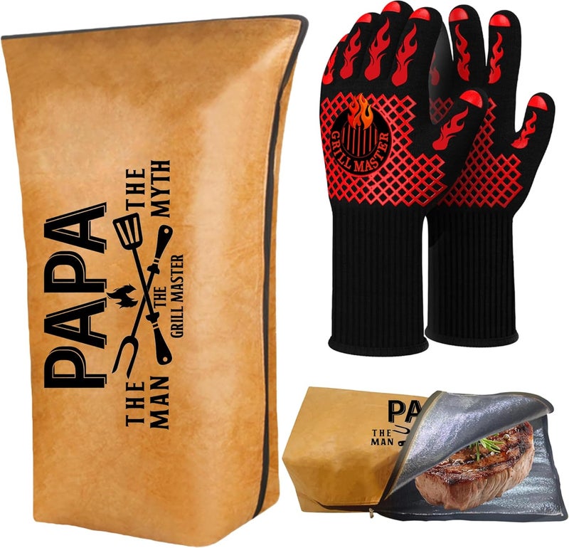 LEWARAN Christmas Papa Gifts, Gifts for Papa from Grandkids BBQ Blanket with Grill Gloves, Meat Resting Bag for BBQ Smoking, Grilling Gloves Heat Resistant for Outdoor Grill Party on Birthday - Image 1